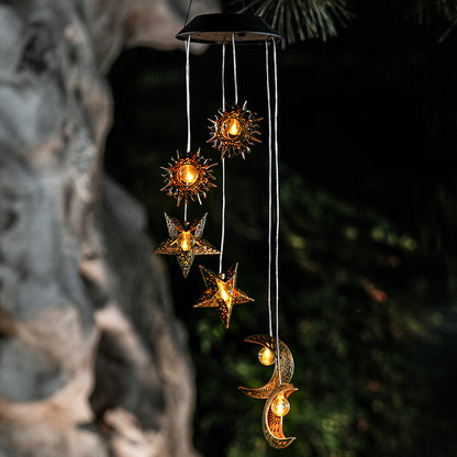Contemporary Boho Solar Waterproof ABS Metal Moon Sun Star Decoration Wind Chime Hanging LED Outdoor Light Landscape Lighting For Outdoor Patio