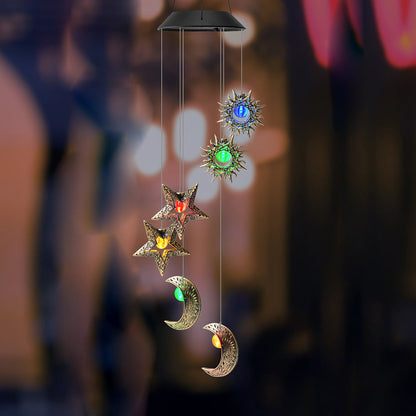 Contemporary Boho Solar Waterproof ABS Metal Moon Sun Star Decoration Wind Chime Hanging LED Outdoor Light Landscape Lighting For Outdoor Patio