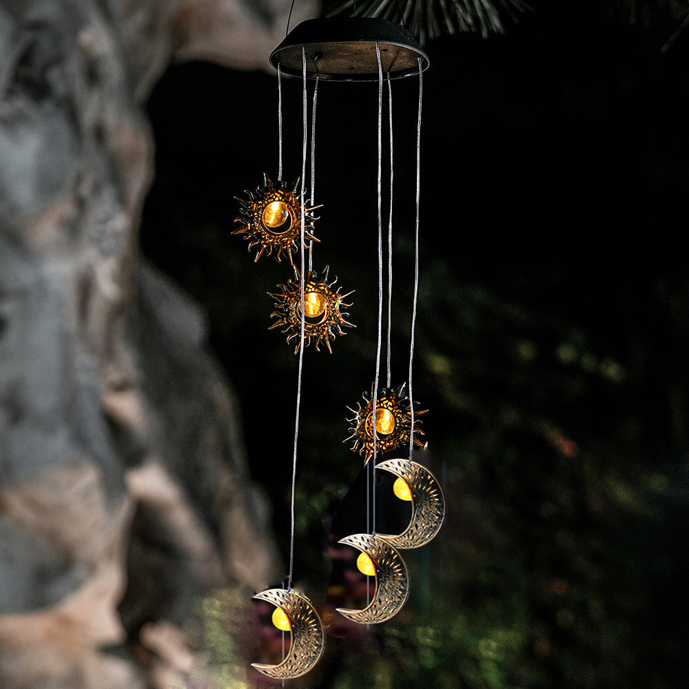 Contemporary Boho Solar Waterproof ABS Metal Moon Sun Star Decoration Wind Chime Hanging LED Outdoor Light Landscape Lighting For Outdoor Patio
