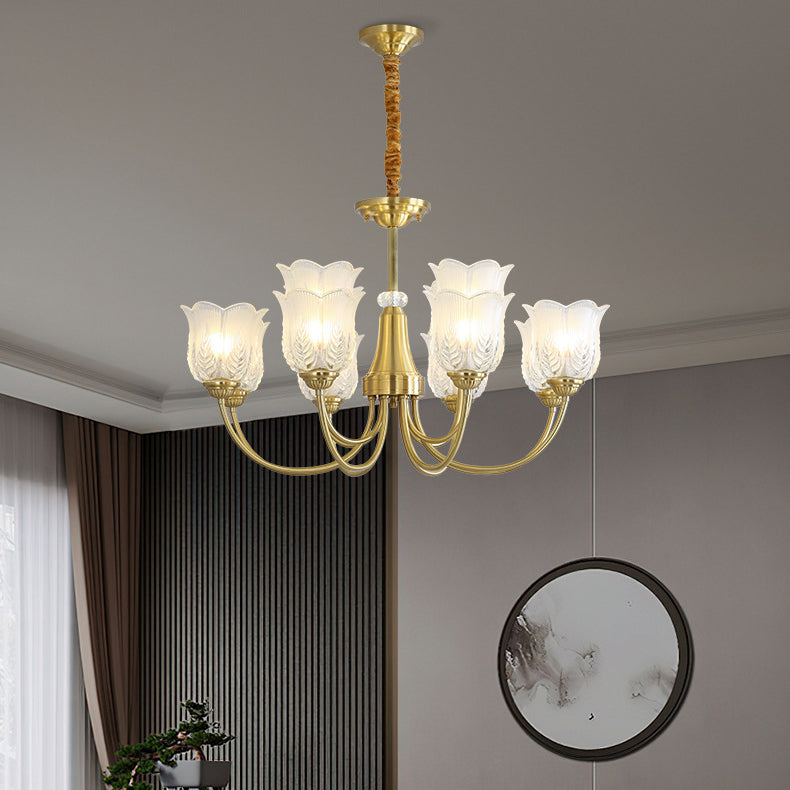 Traditional French Brass Glass Crystal Floral Bud 6/8/10/12 Light Chandeliers For Living Room