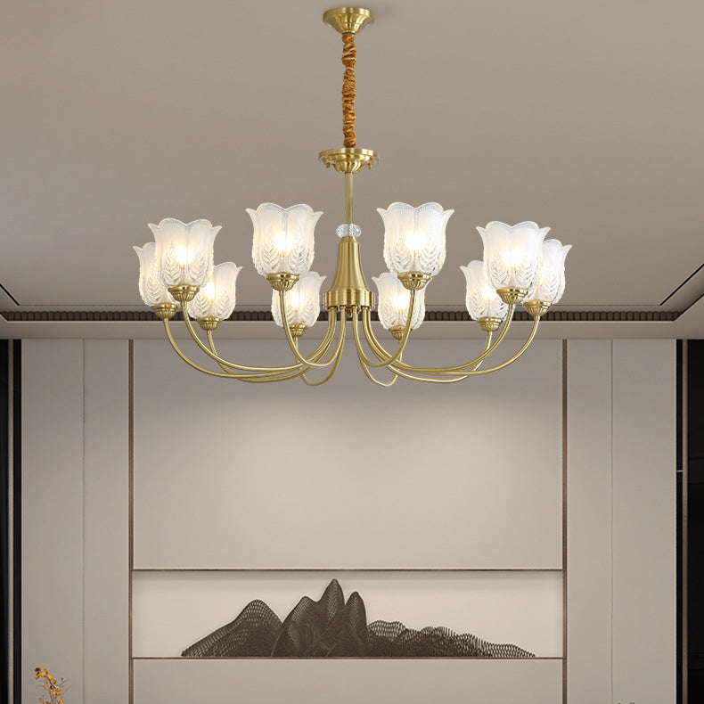 Traditional French Brass Glass Crystal Floral Bud 6/8/10/12 Light Chandeliers For Living Room