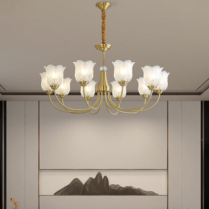 Traditional French Brass Glass Crystal Floral Bud 6/8/10/12 Light Chandeliers For Living Room