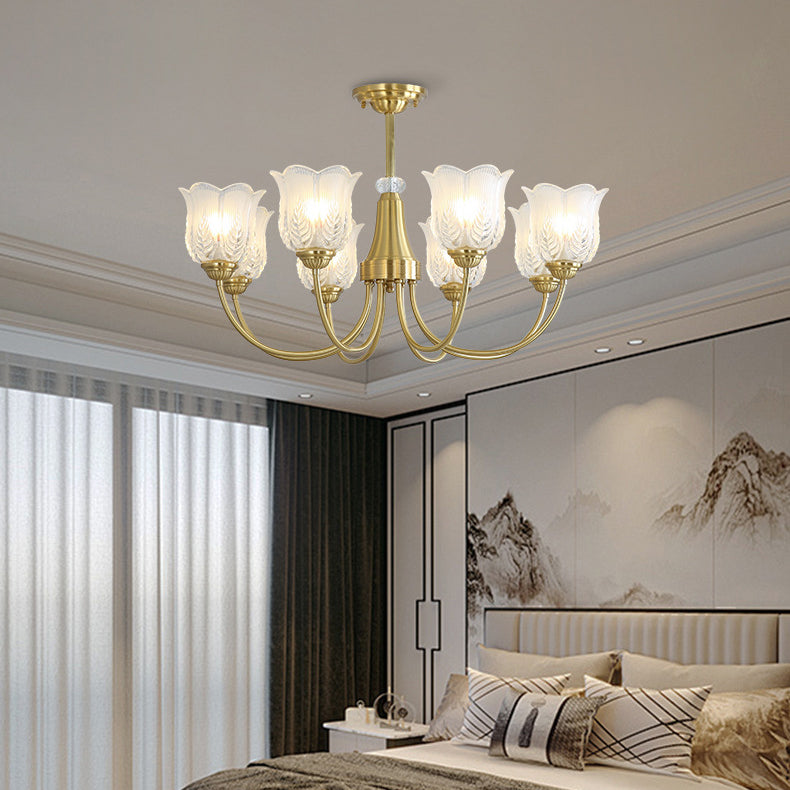 Traditional French Brass Glass Crystal Floral Bud 6/8/10/12 Light Chandeliers For Living Room