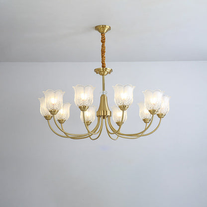 Traditional French Brass Glass Crystal Floral Bud 6/8/10/12 Light Chandeliers For Living Room