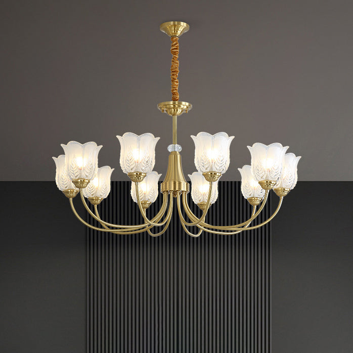 Traditional French Brass Glass Crystal Floral Bud 6/8/10/12 Light Chandeliers For Living Room