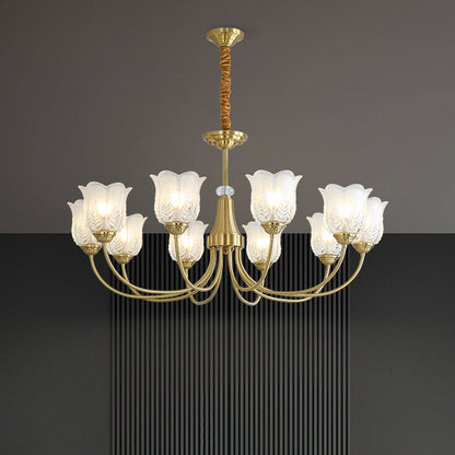 Traditional French Brass Glass Crystal Floral Bud 6/8/10/12 Light Chandeliers For Living Room
