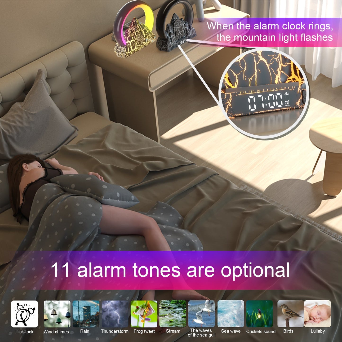 Contemporary Creative ABS Rechargeable Bluetooth Circle Volcano Crackle Clock LED Ambient Light Table Lamp For Bedside