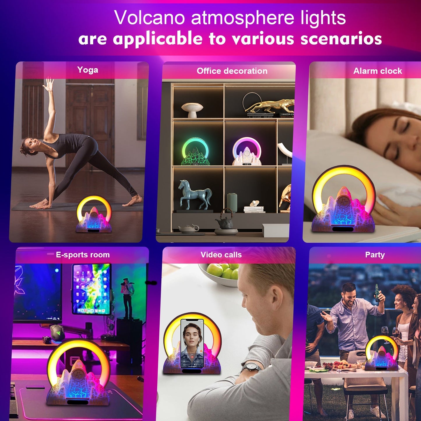 Contemporary Creative ABS Rechargeable Bluetooth Circle Volcano Crackle Clock LED Ambient Light Table Lamp For Bedside