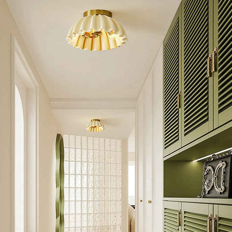 Traditional French Resin Metal Bowl Ruffle 2-Light Semi-Flush Mount Ceiling Light For Hallway
