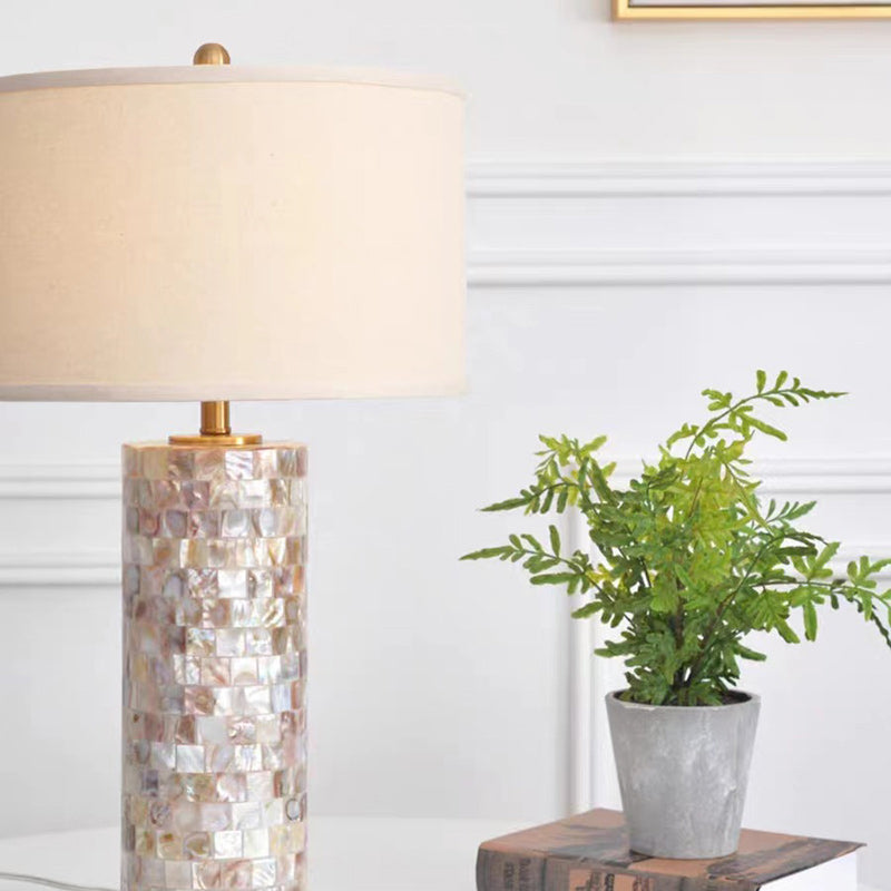 Contemporary Creative Shell Patch Fabric Iron Cylinder 1-Light Table Lamp For Bedside