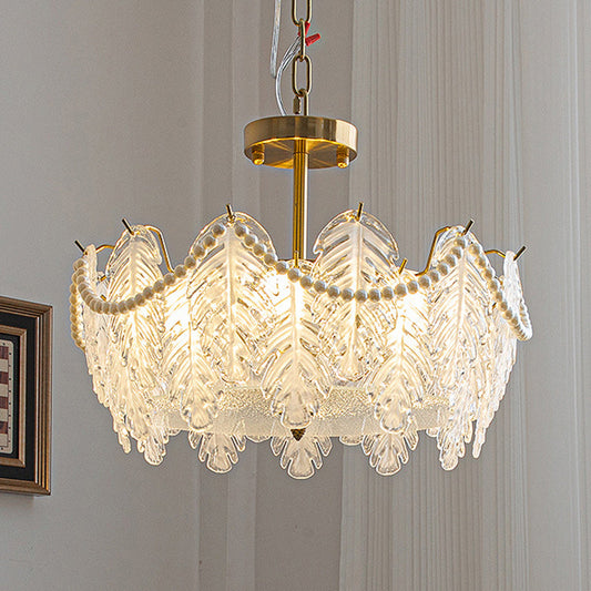Traditional French Iron Glass Pearl Leaf 5/6/8 Light Semi-Flush Mount Ceiling Light For Bedroom