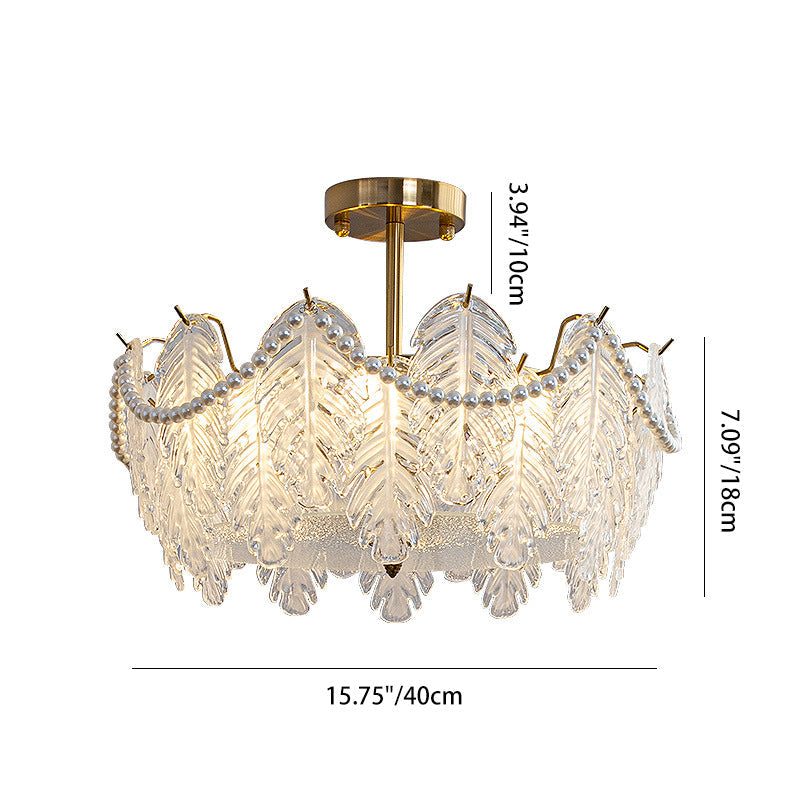 Traditional French Iron Glass Pearl Leaf 5/6/8 Light Semi-Flush Mount Ceiling Light For Bedroom