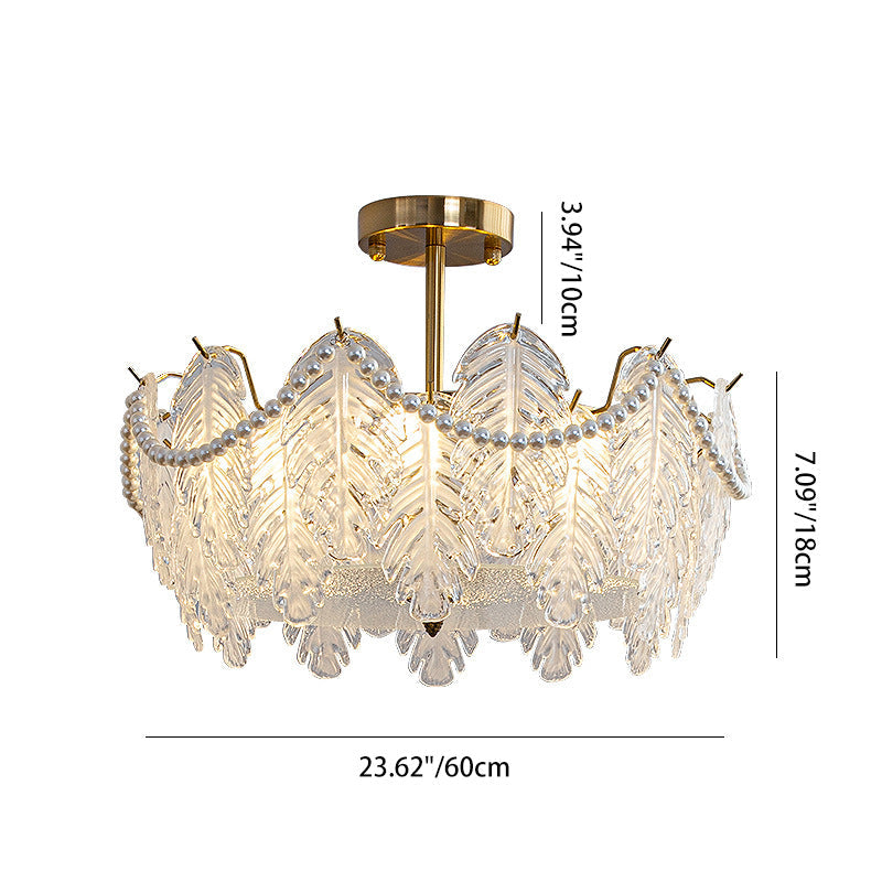 Traditional French Iron Glass Pearl Leaf 5/6/8 Light Semi-Flush Mount Ceiling Light For Bedroom