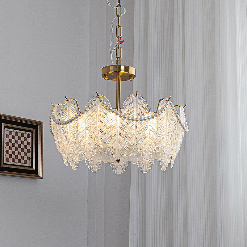Traditional French Iron Glass Pearl Leaf 5/6/8 Light Semi-Flush Mount Ceiling Light For Bedroom