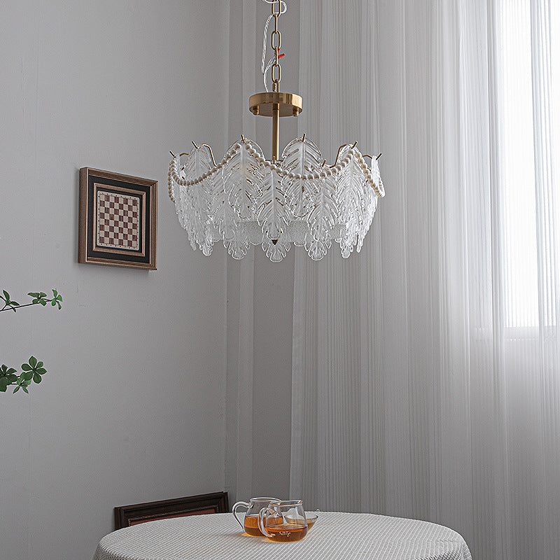 Traditional French Iron Glass Pearl Leaf 5/6/8 Light Semi-Flush Mount Ceiling Light For Bedroom