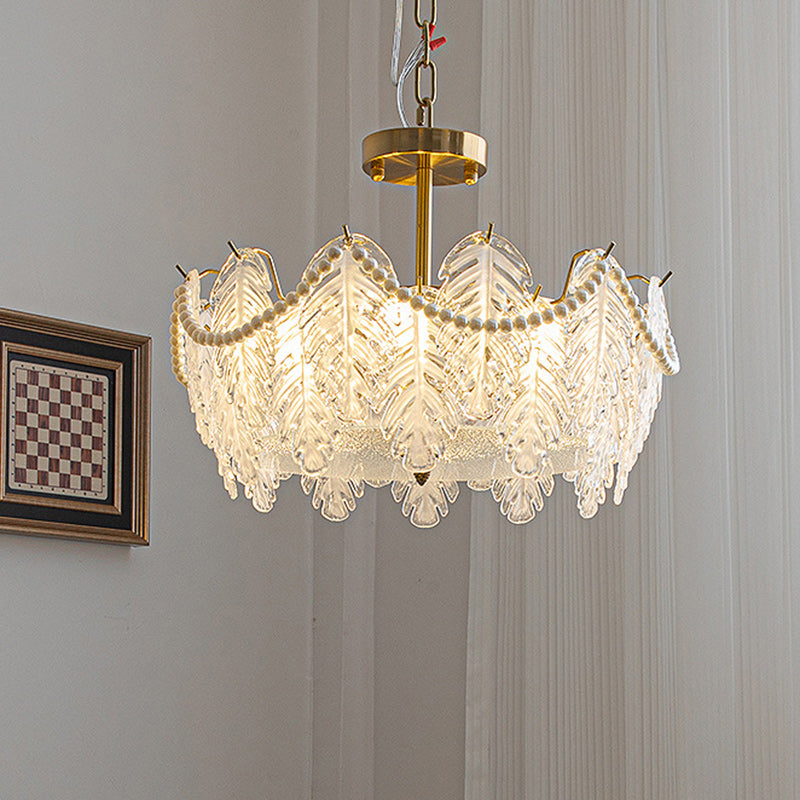 Traditional French Iron Glass Pearl Leaf 5/6/8 Light Semi-Flush Mount Ceiling Light For Bedroom
