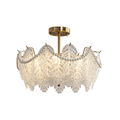 Traditional French Iron Glass Pearl Leaf 5/6/8 Light Semi-Flush Mount Ceiling Light For Bedroom