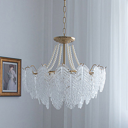 Traditional French Iron Glass Pearl Leaf Multilayered 3/6/9/12/16 Light Chandeliers For Bedroom