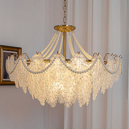 Traditional French Iron Glass Pearl Leaf Multilayered 3/6/9/12/16 Light Chandeliers For Bedroom