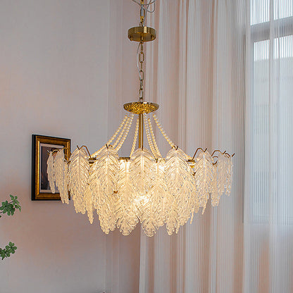 Traditional French Iron Glass Pearl Leaf Multilayered 3/6/9/12/16 Light Chandeliers For Bedroom