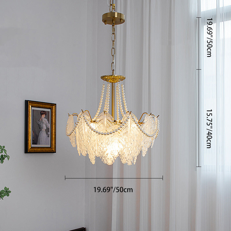 Traditional French Iron Glass Pearl Leaf Multilayered 3/6/9/12/16 Light Chandeliers For Bedroom