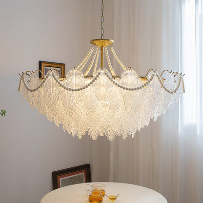 Traditional French Iron Glass Pearl Leaf Multilayered 3/6/9/12/16 Light Chandeliers For Bedroom