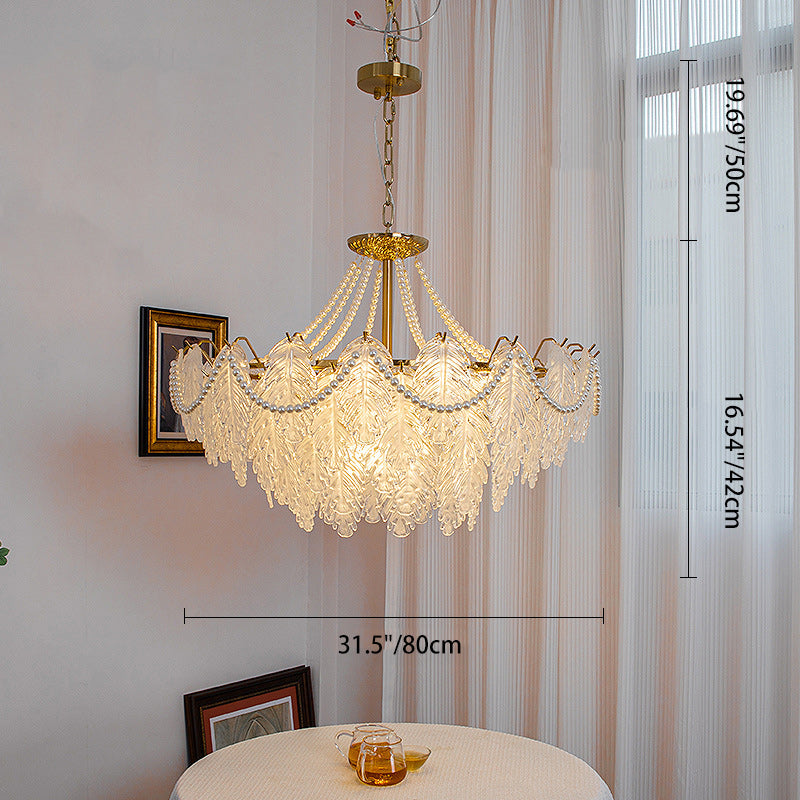 Traditional French Iron Glass Pearl Leaf Multilayered 3/6/9/12/16 Light Chandeliers For Bedroom