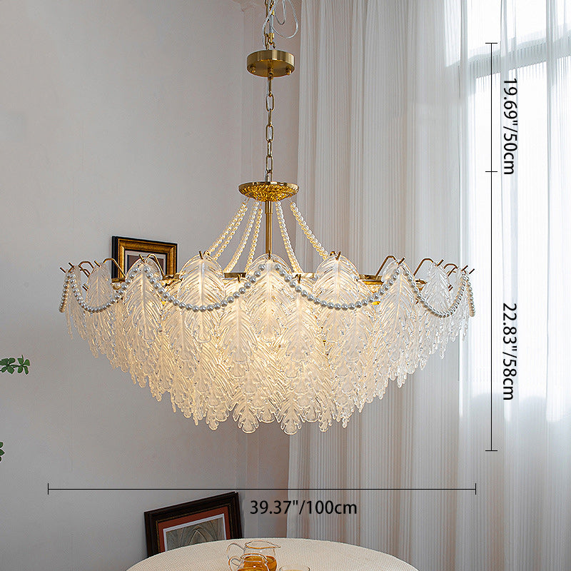 Traditional French Iron Glass Pearl Leaf Multilayered 3/6/9/12/16 Light Chandeliers For Bedroom
