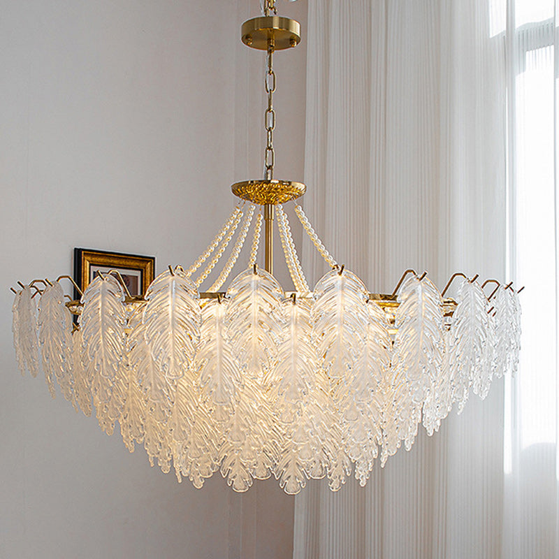 Traditional French Iron Glass Pearl Leaf Multilayered 3/6/9/12/16 Light Chandeliers For Bedroom