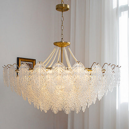 Traditional French Iron Glass Pearl Leaf Multilayered 3/6/9/12/16 Light Chandeliers For Bedroom