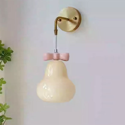 Traditional French Iron Ceramic Glass Gourd Pear Bow Tie Hanging 1-Light Wall Sconce Lamp For Bedside