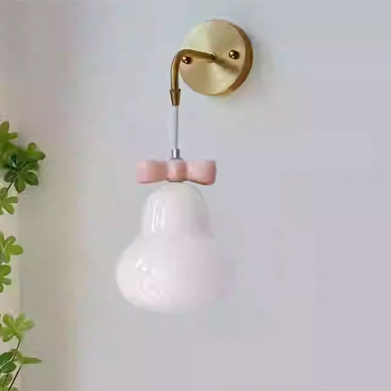 Traditional French Iron Ceramic Glass Gourd Pear Bow Tie Hanging 1-Light Wall Sconce Lamp For Bedside