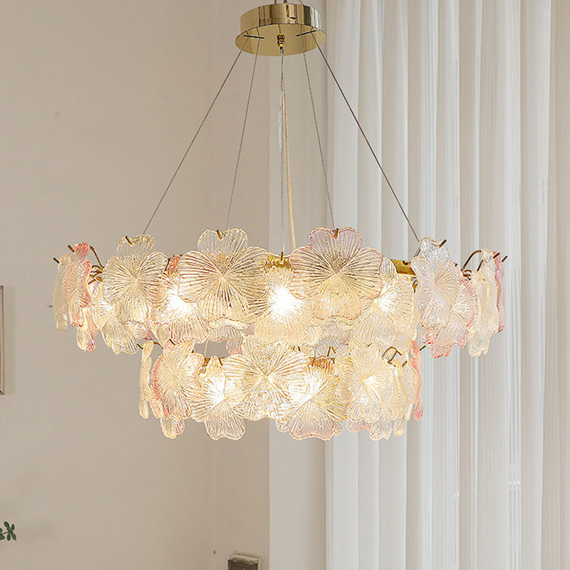 Traditional French Iron Stainless Steel Glass Flower 6/8/10/12/16/20 Light Chandeliers For Living Room