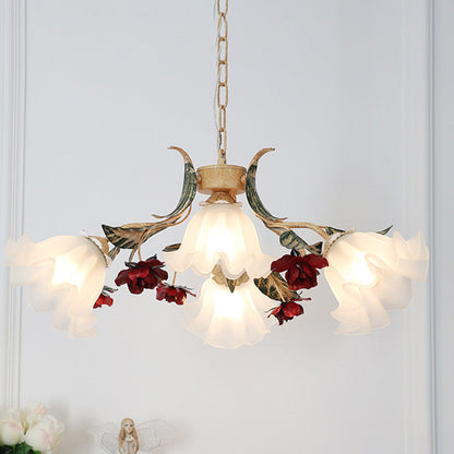 Traditional Farmhouse Iron Glass Floral Leaf Rose 4/6/9 Light Chandeliers For Living Room