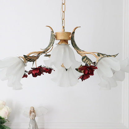 Traditional Farmhouse Iron Glass Floral Leaf Rose 4/6/9 Light Chandeliers For Living Room