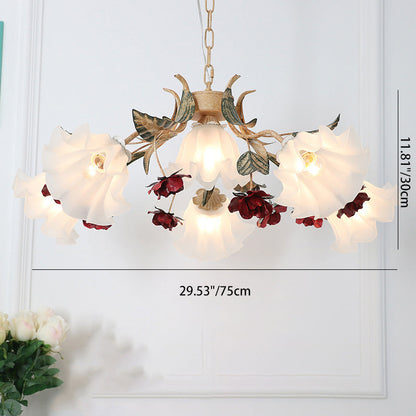 Traditional Farmhouse Iron Glass Floral Leaf Rose 4/6/9 Light Chandeliers For Living Room