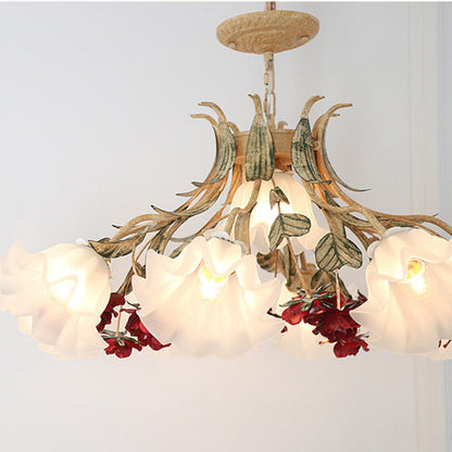 Traditional Farmhouse Iron Glass Floral Leaf Rose 4/6/9 Light Chandeliers For Living Room