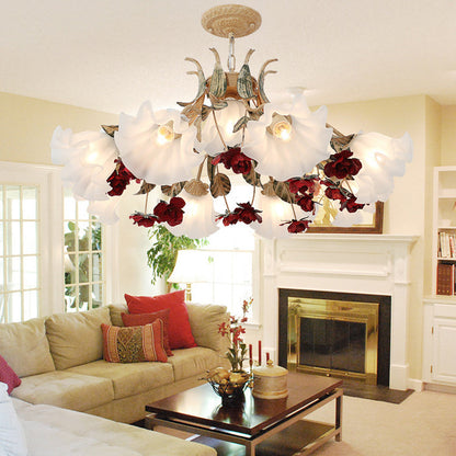 Traditional Farmhouse Iron Glass Floral Leaf Rose 4/6/9 Light Chandeliers For Living Room