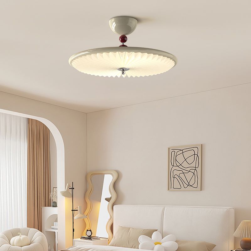 Traditional Vintage Iron Acrylic Round Pleated LED Semi-Flush Mount Ceiling Light For Bedroom