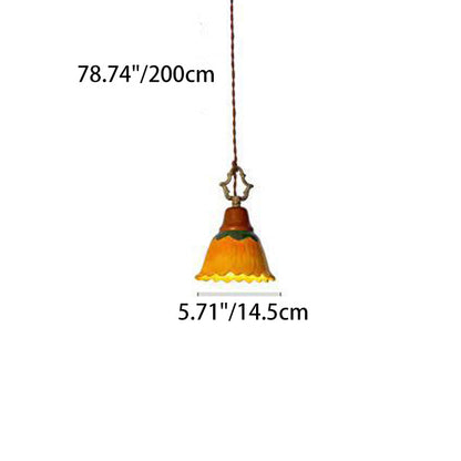 Traditional Japanese Ceramic Copper Wood Dome Floral 1-Light Pendant Light For Bedside