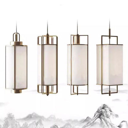 Traditional Chinese Iron Fabric Cylinder Lantern 1-Light Pendant Light For Dining Room