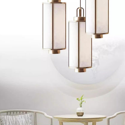 Traditional Chinese Iron Fabric Cylinder Lantern 1-Light Pendant Light For Dining Room