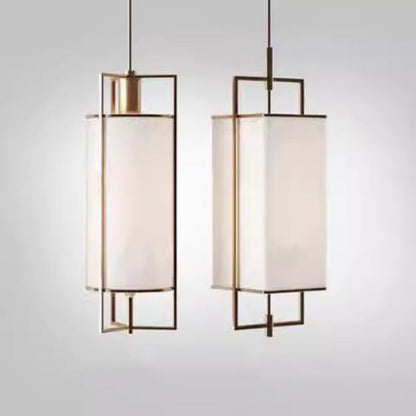 Traditional Chinese Iron Fabric Cylinder Lantern 1-Light Pendant Light For Dining Room