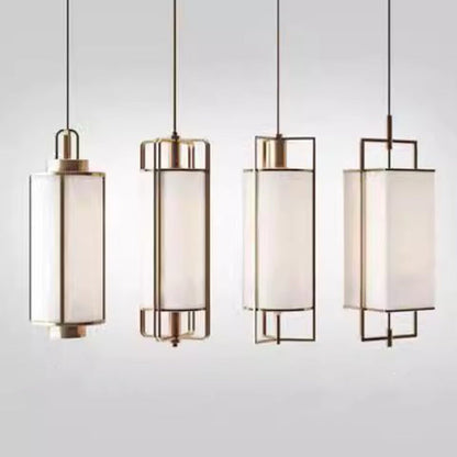 Traditional Chinese Iron Fabric Cylinder Lantern 1-Light Pendant Light For Dining Room