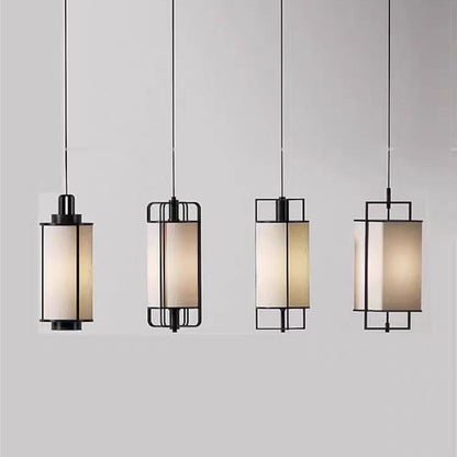 Traditional Chinese Iron Fabric Cylinder Lantern 1-Light Pendant Light For Dining Room