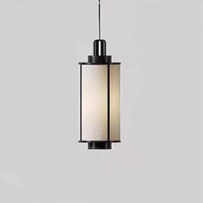 Traditional Chinese Iron Fabric Cylinder Lantern 1-Light Pendant Light For Dining Room