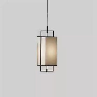 Traditional Chinese Iron Fabric Cylinder Lantern 1-Light Pendant Light For Dining Room