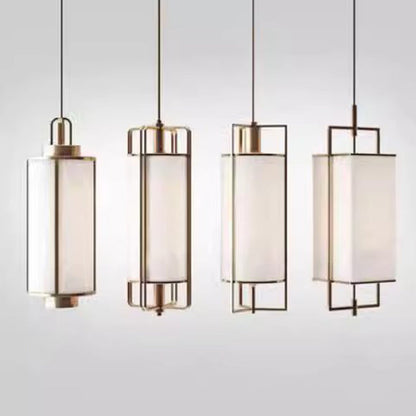 Traditional Chinese Iron Fabric Cylinder Lantern 1-Light Pendant Light For Dining Room