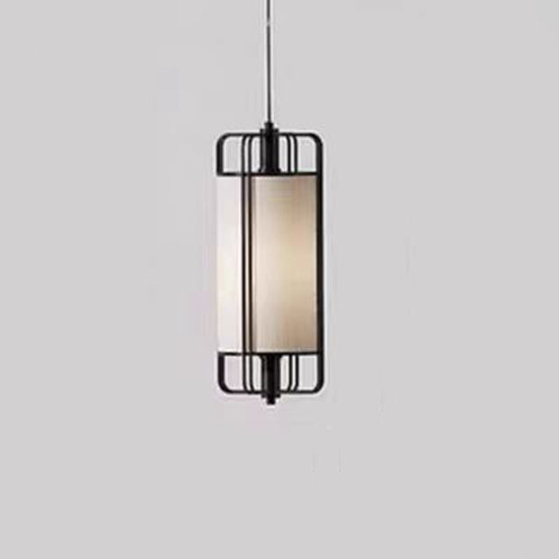 Traditional Chinese Iron Fabric Cylinder Lantern 1-Light Pendant Light For Dining Room