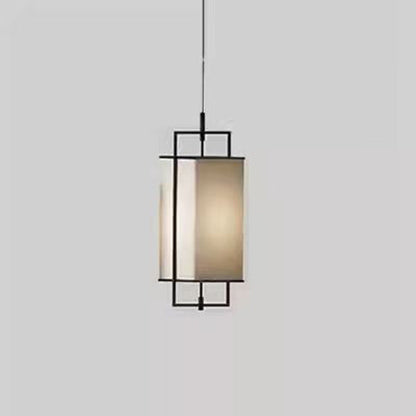 Traditional Chinese Iron Fabric Cylinder Lantern 1-Light Pendant Light For Dining Room